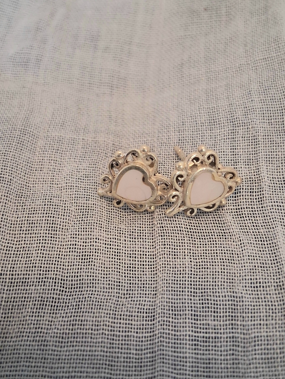 Source Unknown Silver Heart Stud Earrings with White Inlay